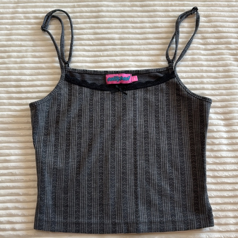 Edikted Set of 2 Spaghetti Strap Cropped Ribbed Tank Tops Floral Stripe Lace XS - Picture 2 of 14